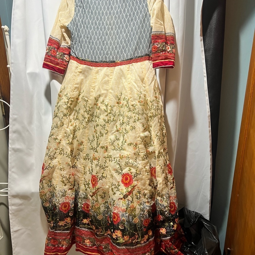 Biba Designer Anarkali Maxi Dress Boho Floral Print Cream Red Gold Sz M/34 - Picture 6 of 7